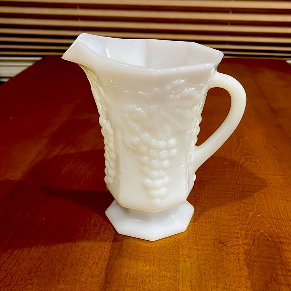 Vintage Milk Glass Pitcher Grape Vine Anchor Hocking White Pedestal